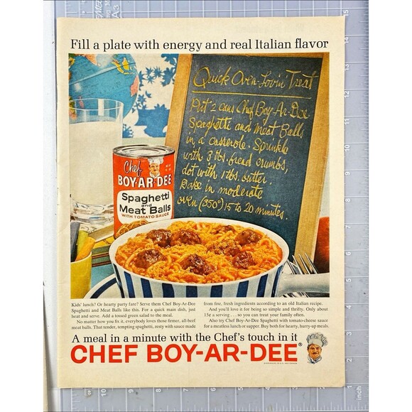 Chef Boy-Ar-Dee Spaghetti & Mea Ball "Canned Meal in a Minute" Vtg Print Ad 1964 - Picture 2 of 3